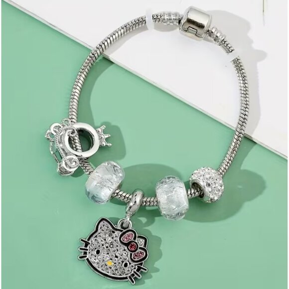 Hello Kitty Crystal Pendant Bracelet Silver-Tone Snake Chain with Sparkle Beads - Picture 1 of 3
